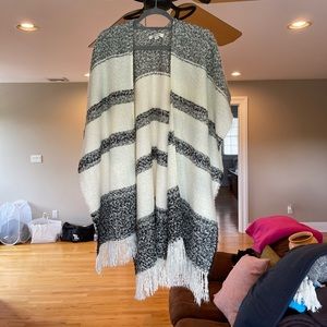 White & Black Fringe Poncho